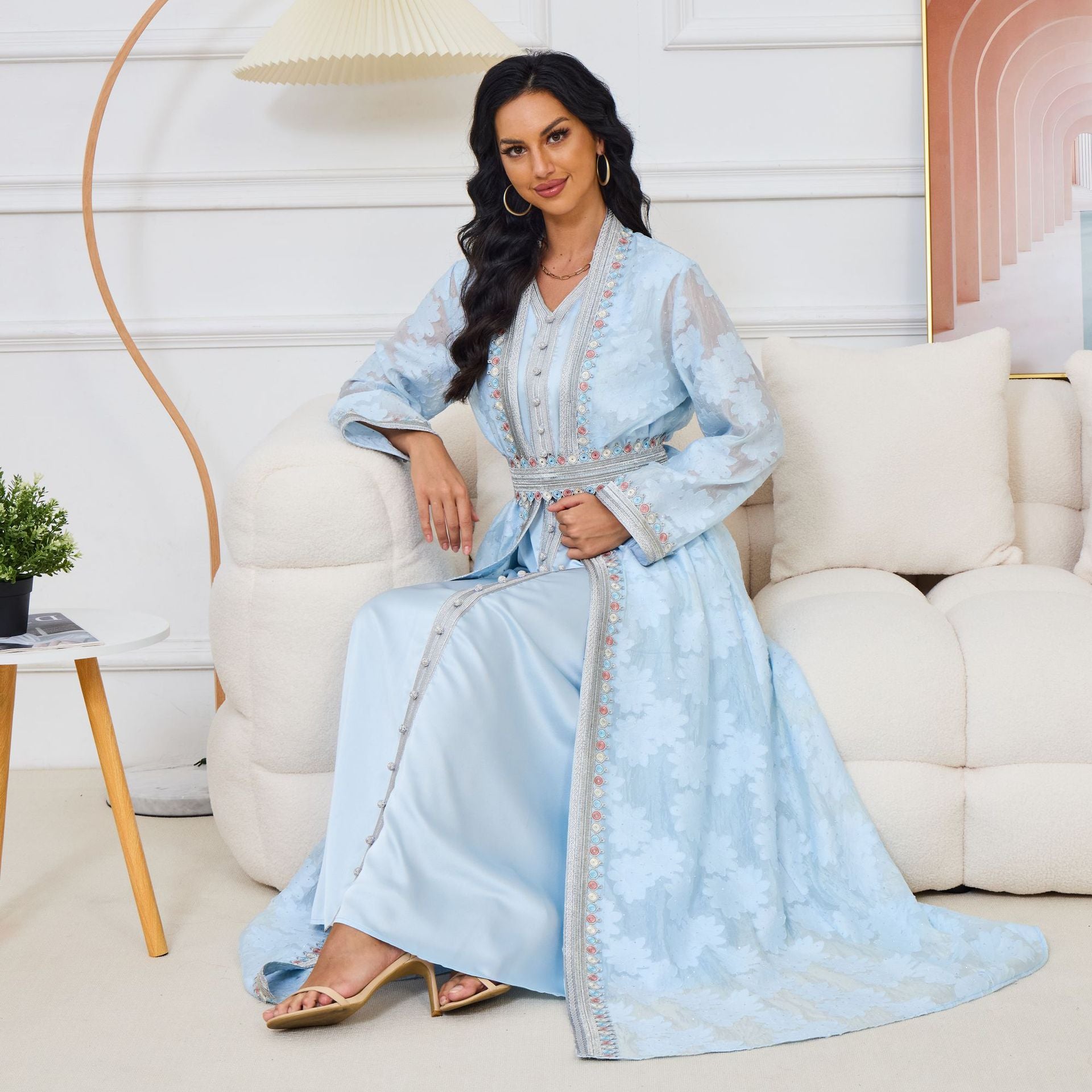 Powder Blue Jacquard 2-Piece Abaya Set with Floral Embroidery - Yarafly 