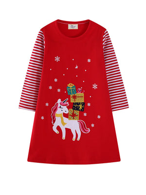Toddler & Kids Red Christmas Unicorn Dress (Ages 2T–7T)