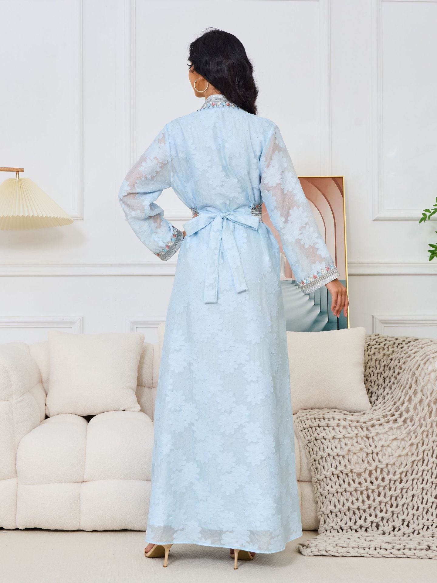 Powder Blue Jacquard 2-Piece Abaya Set with Floral Embroidery - Yarafly 