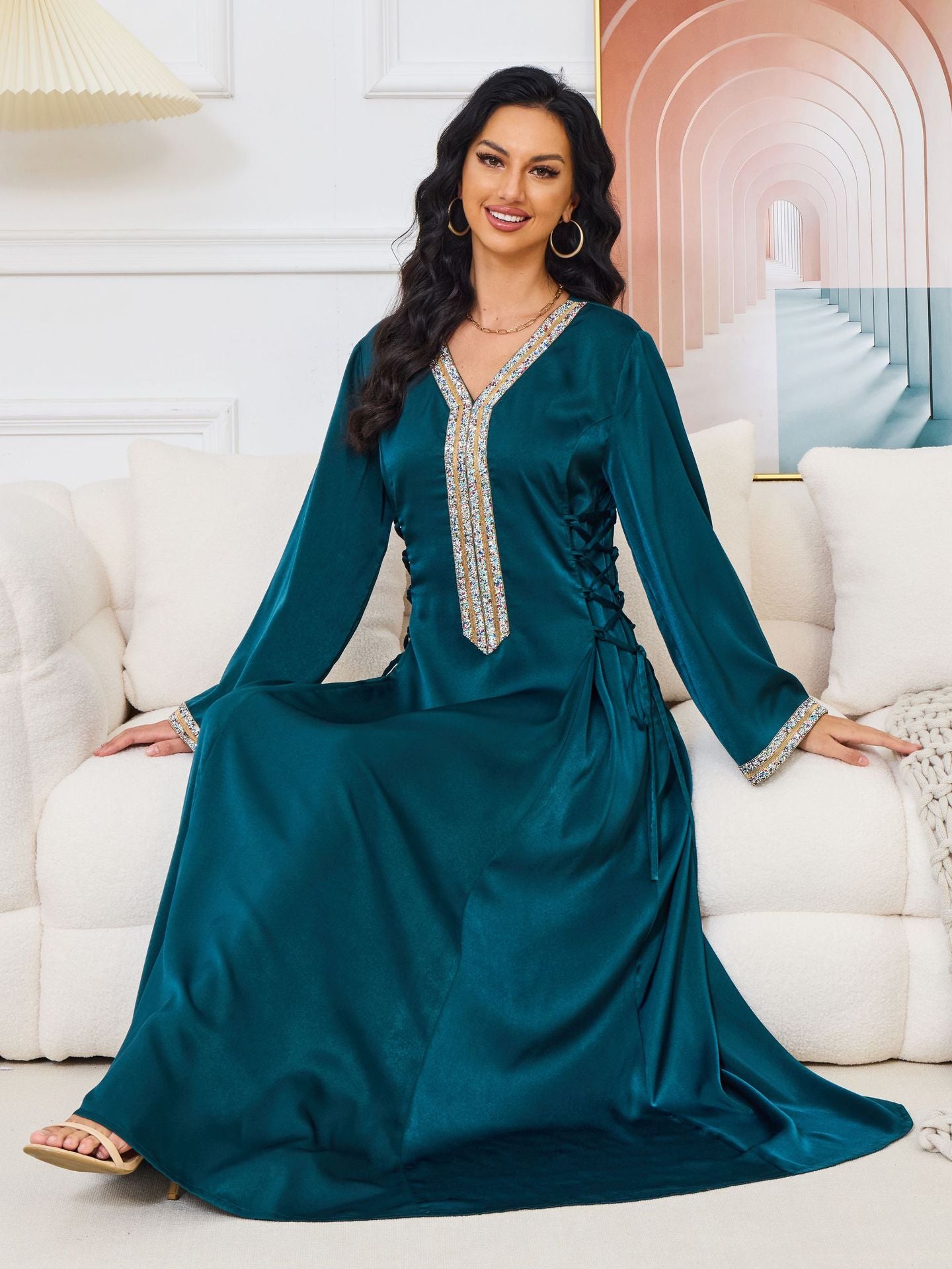 Azure Satin Kaftan Dress - Yarafly 