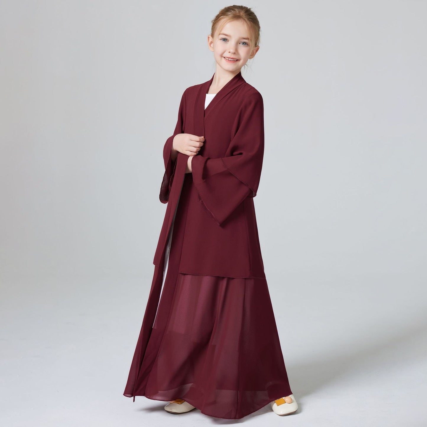 Girls 2 Layer Chiffon Red Cardigan Abaya Robe Dress - Yarafly 