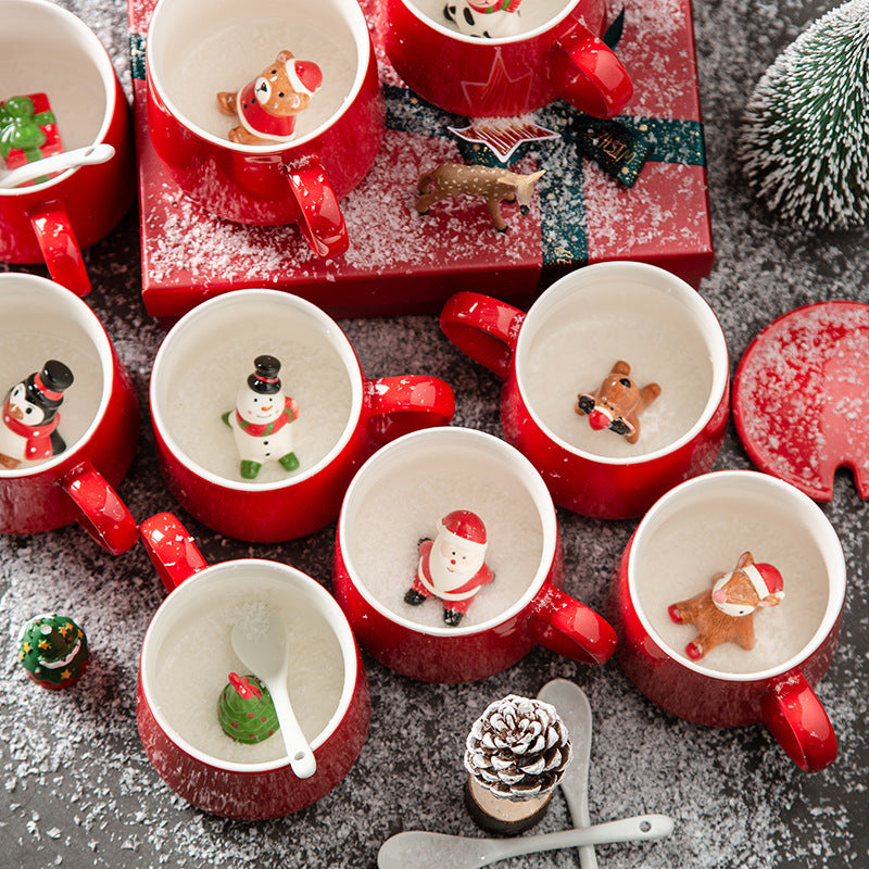 Festive Christmas Character Mugs Set - Red Ceramic Holiday Cups with 3D Figures - Yarafly 