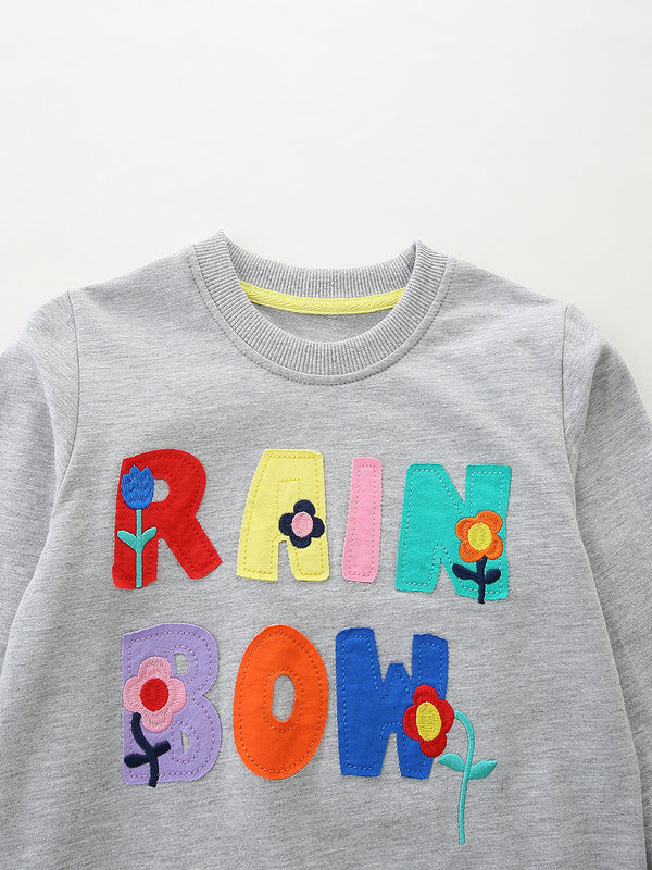 Toddler and Kids Girls Grey Sweater - Cartoon Flower Letter Patch Long Sleeve Pullover