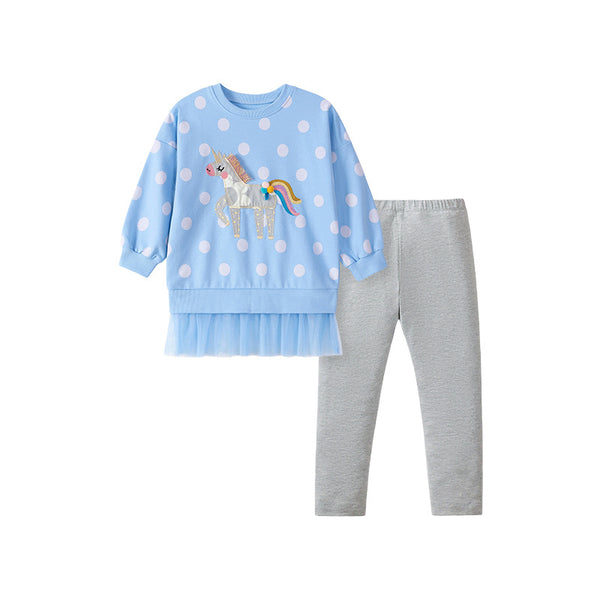 Toddler & Kids Blue Unicorn Polka Dot Sweatshirt with Grey Leggings Outfit - Yarafly
