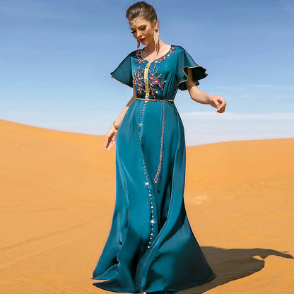 Emerald Desert Bloom Kaftan | Crystal-Embellished Maxi Dress - Yarafly 