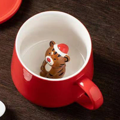 Festive Christmas Character Mugs Set - Red Ceramic Holiday Cups with 3D Figures - Yarafly 