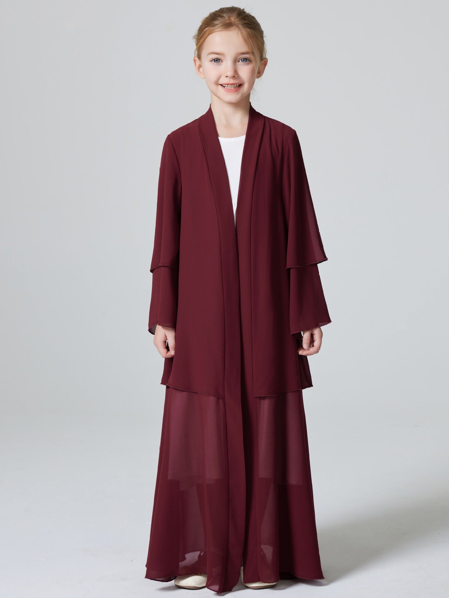 Girls 2 Layer Chiffon Red Cardigan Abaya Robe Dress - Yarafly 