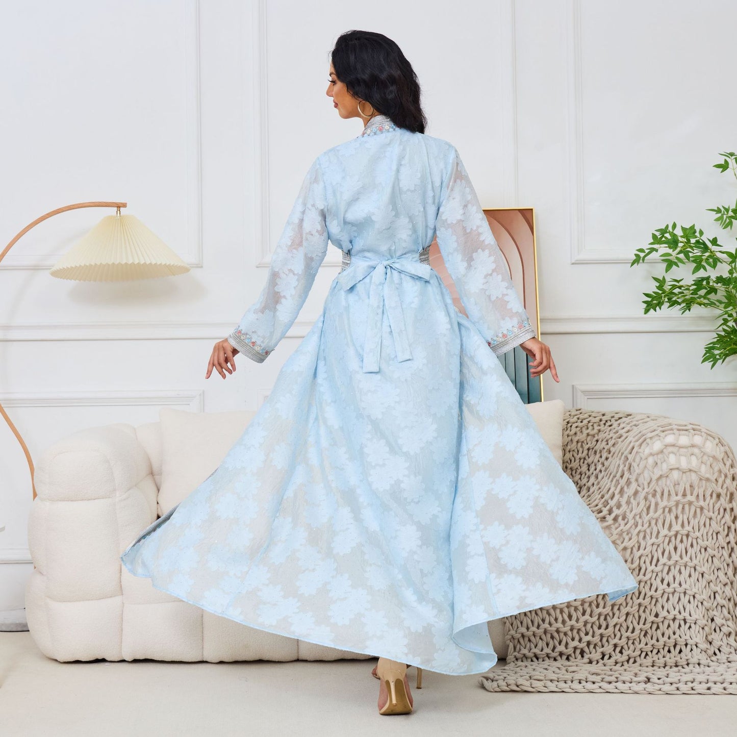 Powder Blue Jacquard 2-Piece Abaya Set with Floral Embroidery - Yarafly 