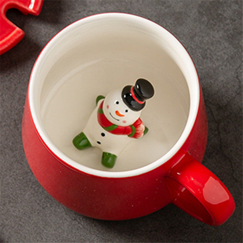 Festive Christmas Character Mugs Set - Red Ceramic Holiday Cups with 3D Figures - Yarafly 