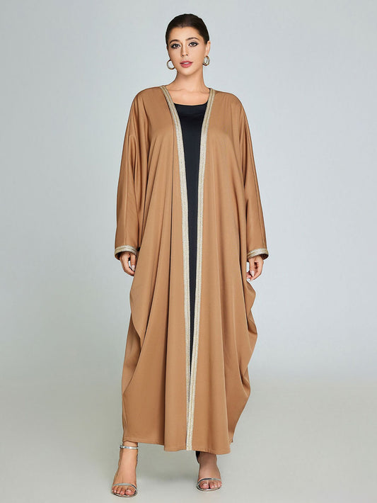 Luxurious Iraqi Open Abaya | Gold-Trimmed Camel Kaftan | Modest Fashion - Yarafly 