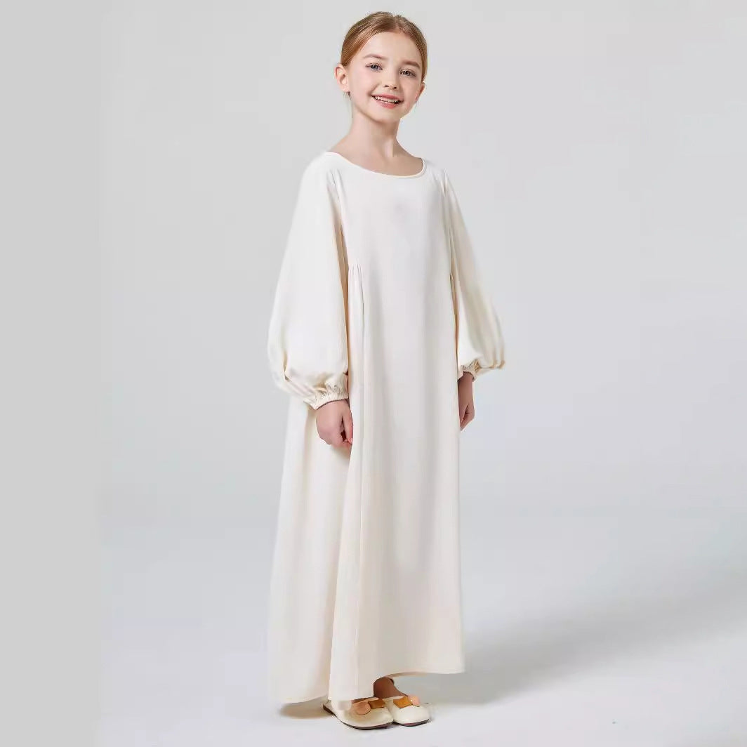 Girls White Cream Stretch Ruffled Sleeve Abaya Robe Dress - Yarafly 