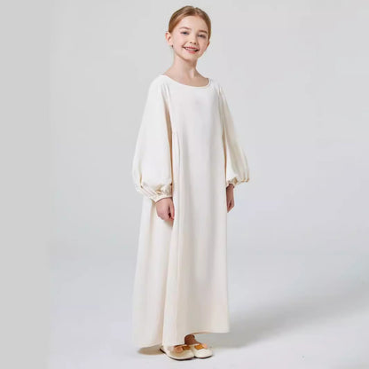 Girls White Cream Stretch Ruffled Sleeve Abaya Robe Dress - Yarafly 