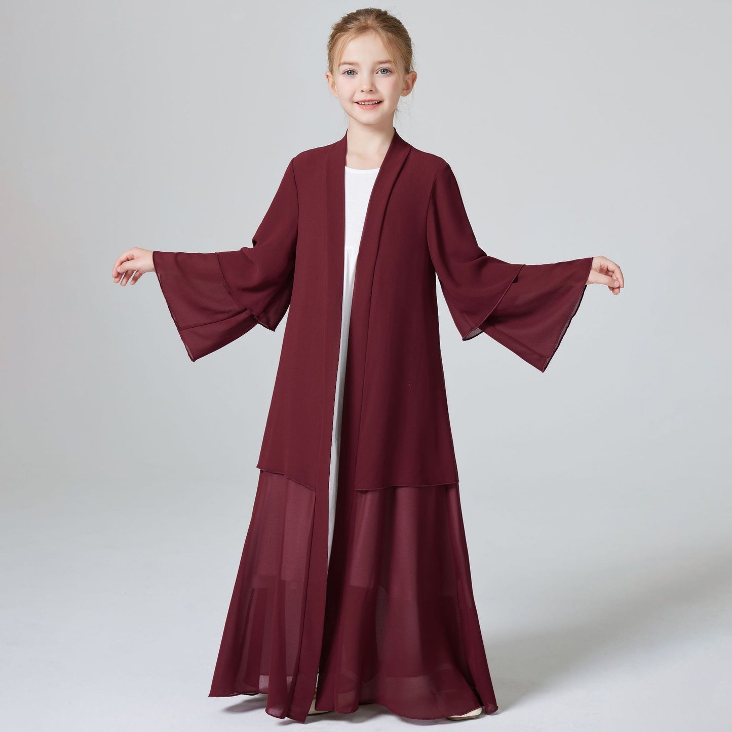 Girls 2 Layer Chiffon Red Cardigan Abaya Robe Dress - Yarafly 