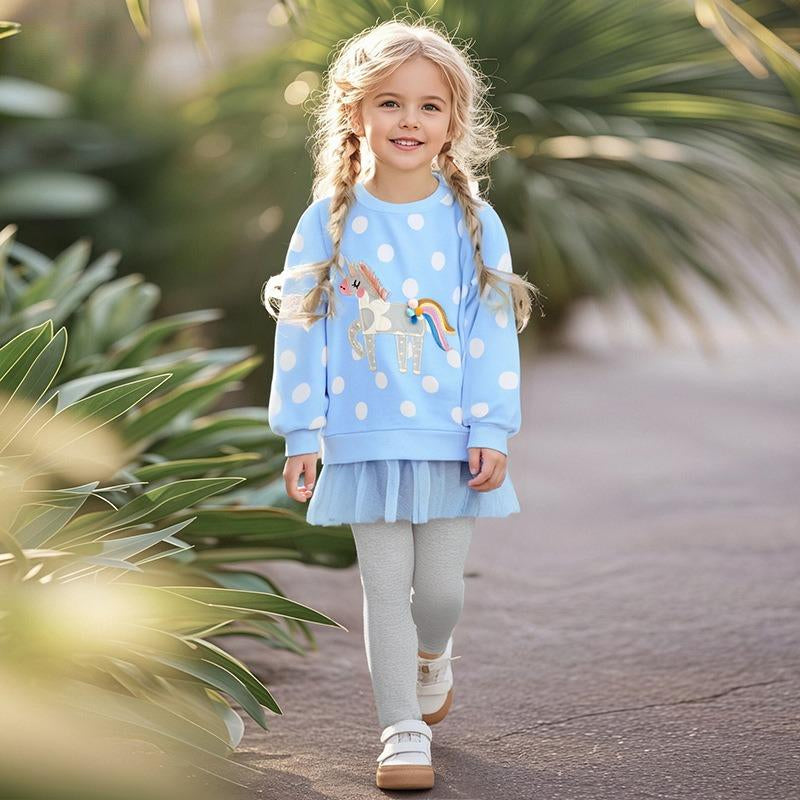 Toddler & Kids Blue Unicorn Polka Dot Sweatshirt with Grey Leggings Outfit - Yarafly