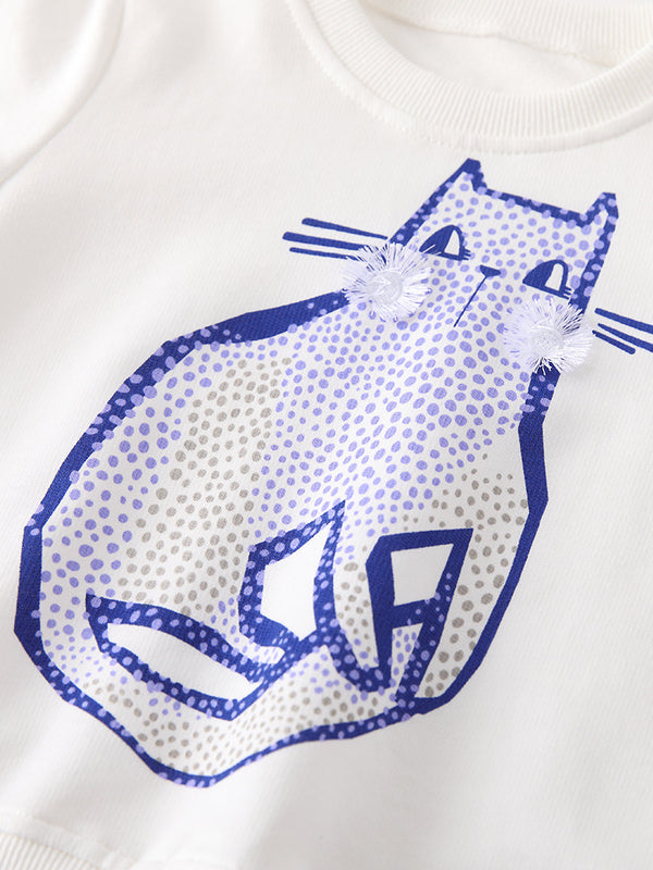 🐱 Toddler & Kids White Cat Print Sweatshirt and Pants Set (2T–7T)