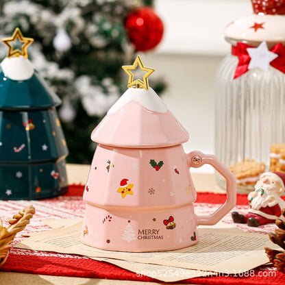 Festive Christmas Tree Ceramic Mug with Lid and Star Topper - Yarafly 