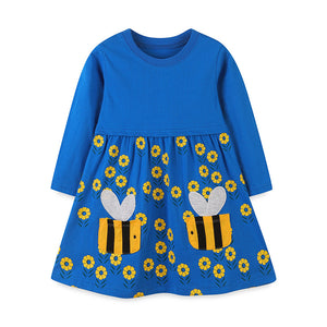 Girls Autumn Knitted Cotton Bee Pocket Flower Print Princess Dress - Sizes 2T to 7T
