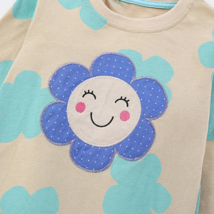 Toddler & Kids Smiley Flower Pajama Set in Beige and Blue - Yarafly