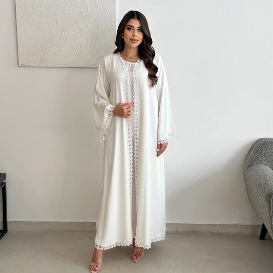 Elegant White Lace Trim Abaya | Pearl Open Front Kaftan | Modest Wear - Yarafly 