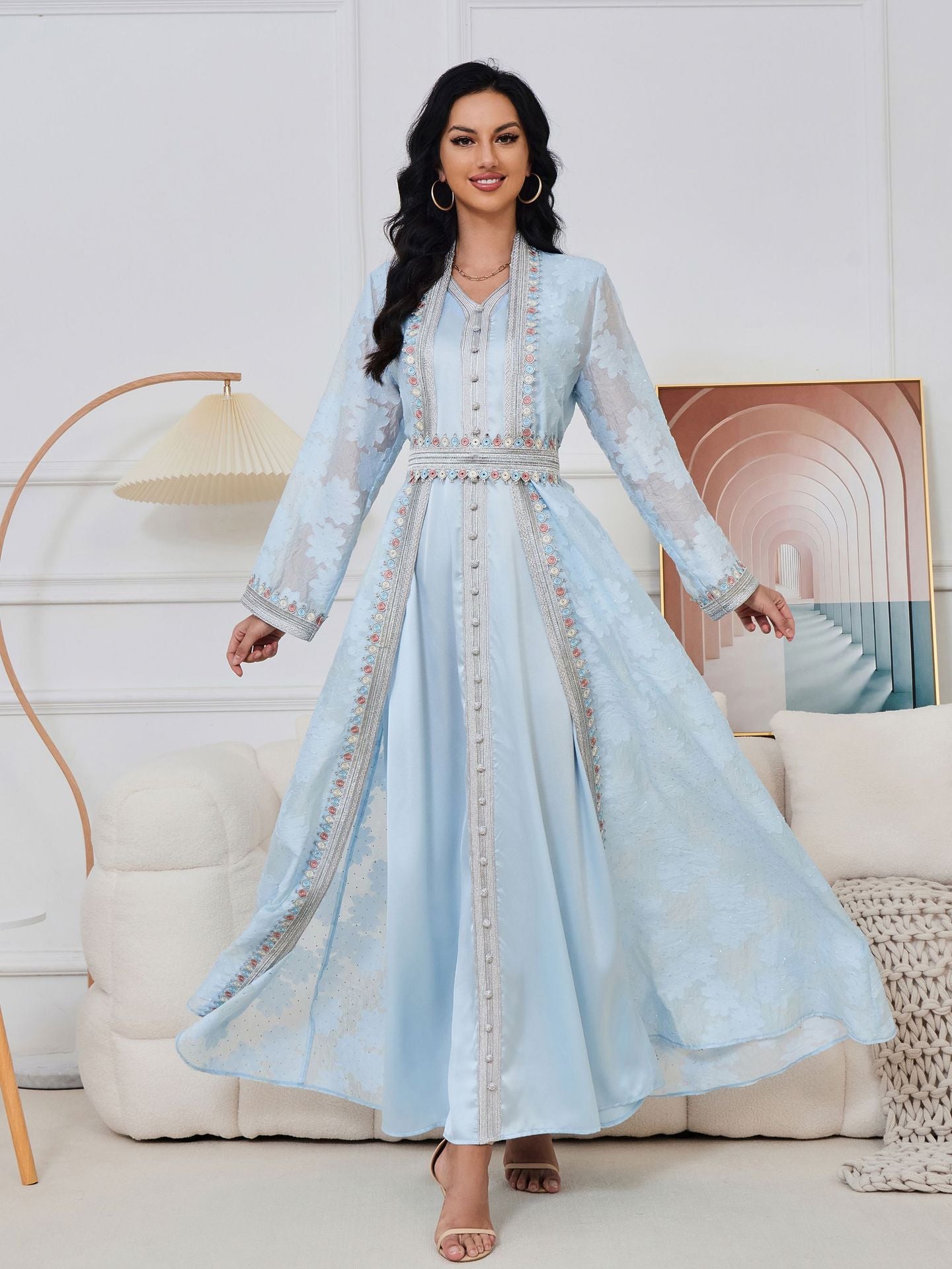 Powder Blue Jacquard 2-Piece Abaya Set with Floral Embroidery - Yarafly 