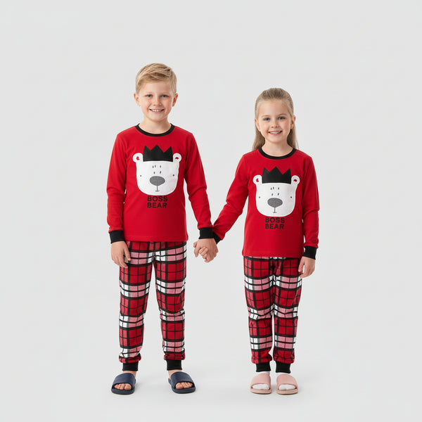 Red Plaid Boss Bear Christmas Pajama Set for Toddler and Kids Boys and Girls