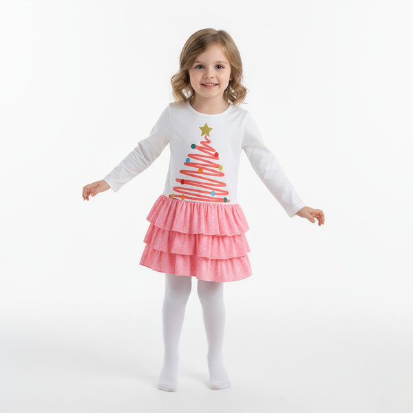 Toddler Kids Girls Pink Christmas Tree Long Sleeve Dress
