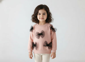 Toddler & Kids Pink Sweatshirt with Black Tulle Bows (Ages 3T–8T)