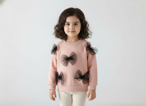 Toddler & Kids Pink Sweatshirt with Black Tulle Bows (Ages 3T–8T)