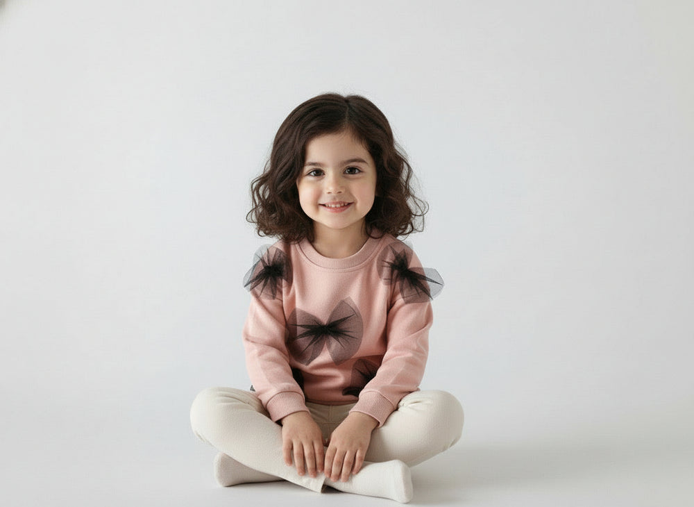 Toddler & Kids Pink Sweatshirt with Black Tulle Bows (Ages 3T–8T)