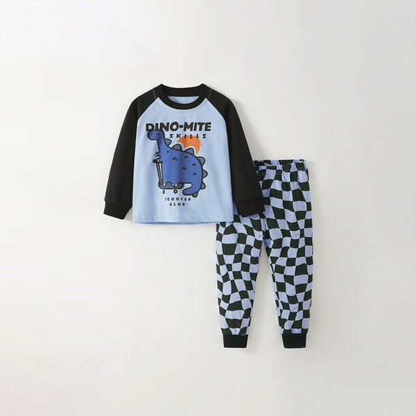 Toddler and Kids Boys Blue Navy Blue Round Neck Long Sleeve Casual Loungewear Set