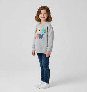 Toddler and Kids Girls Grey Sweater - Cartoon Flower Letter Patch Long Sleeve Pullover