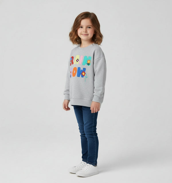 Toddler and Kids Girls Grey Sweater - Cartoon Flower Letter Patch Long Sleeve Pullover