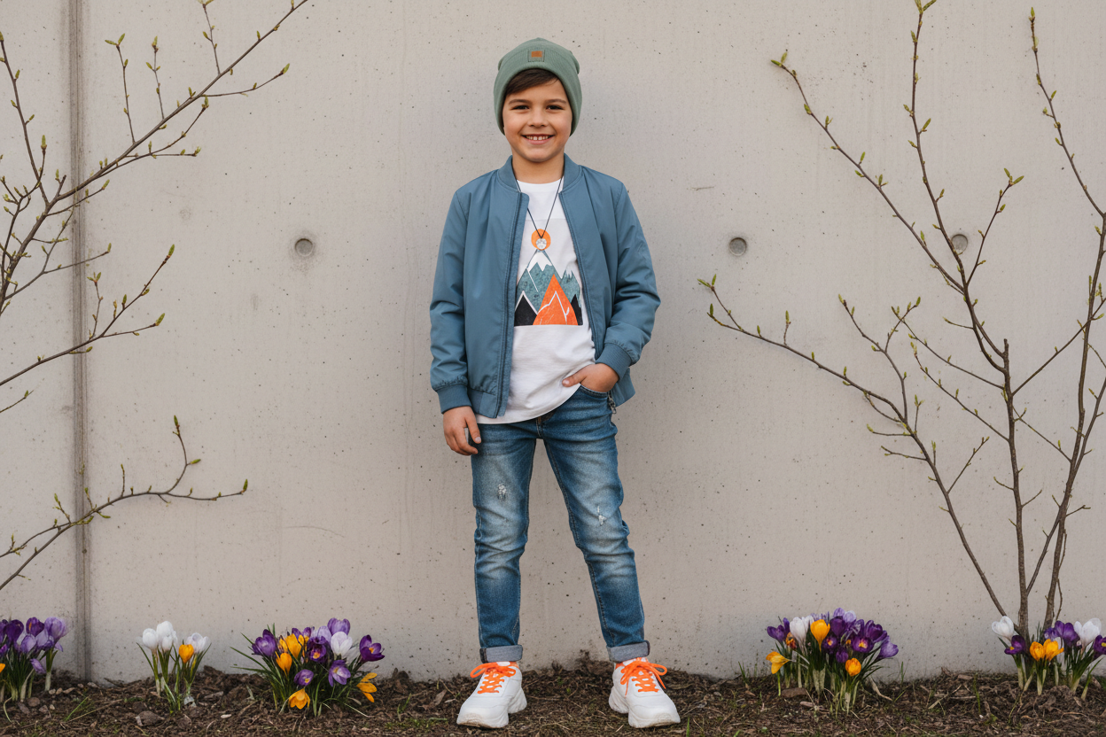 a boy in a winter/spring outfit modeling for a cool kids brand