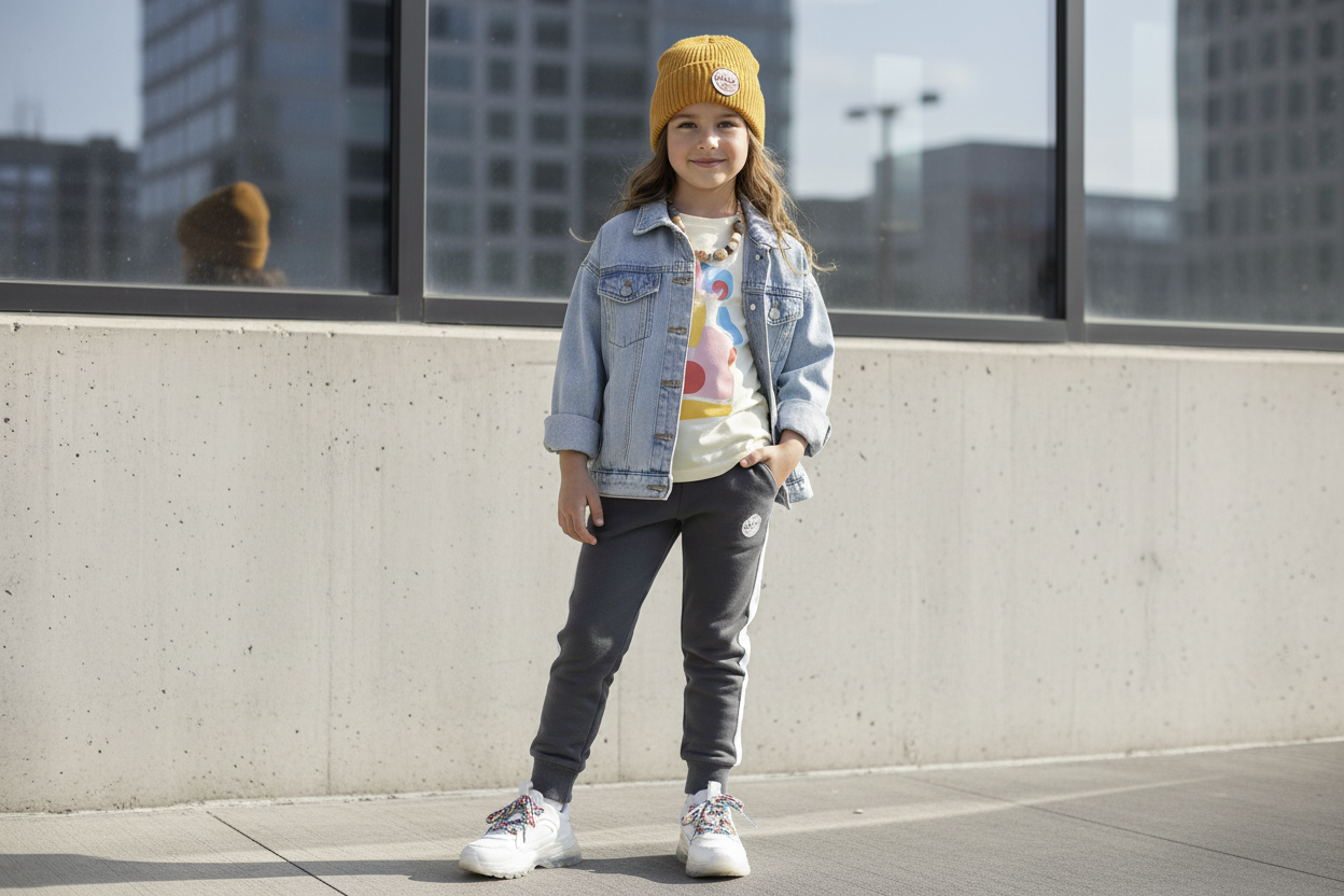 a girl in a winter/spring outfit modeling  for a cool kids brand