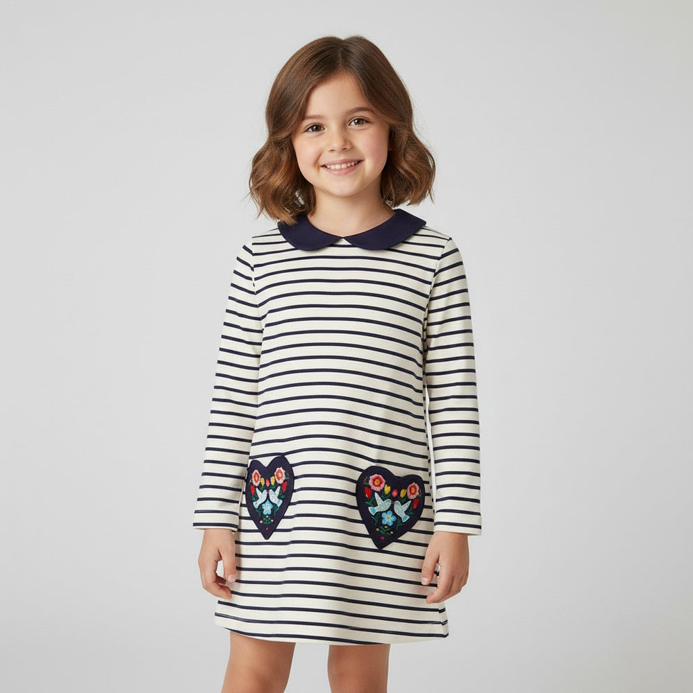 Girls Striped Long Sleeve Dress with Embroidered Hearts - Sizes 2T to 7T