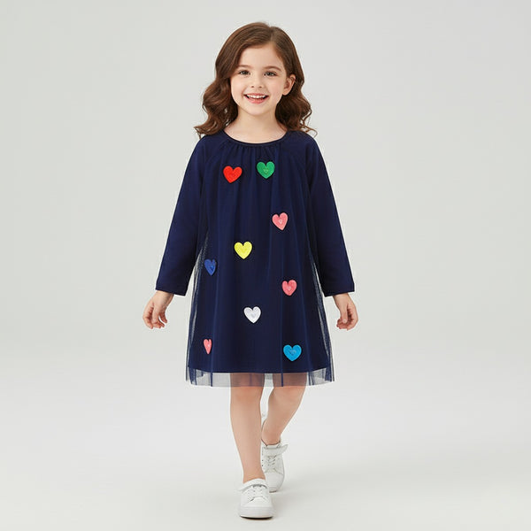Girls Autumn Long Sleeve Princess Dress with Love Heart Gauze - Sizes 2T to 7T