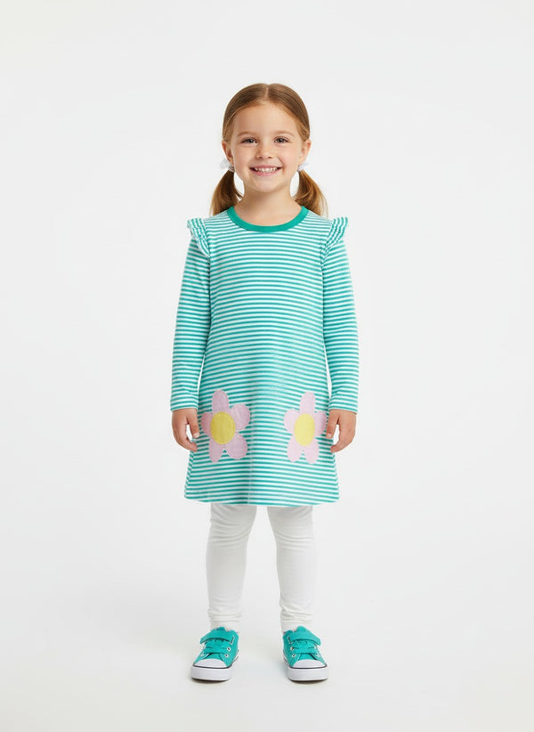Girls Autumn Cartoon Flower Patches Striped Princess Dress - Sizes 2T to 7T