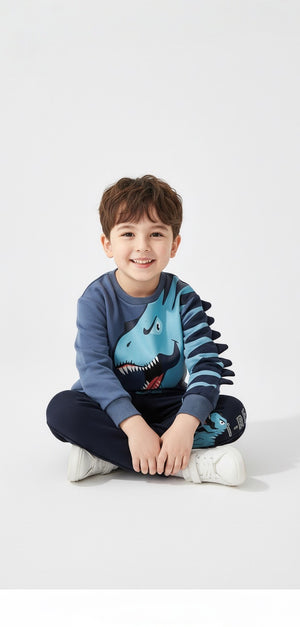 Boys Dinosaur Print Sweatshirt and Sweatpants Outfit Set - Blue Cartoon 2-Piece for Toddler and Kids