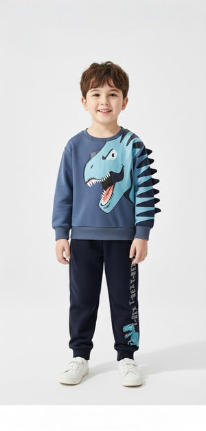 Boys Dinosaur Print Sweatshirt and Sweatpants Outfit Set - Blue Cartoon 2-Piece for Toddler and Kids