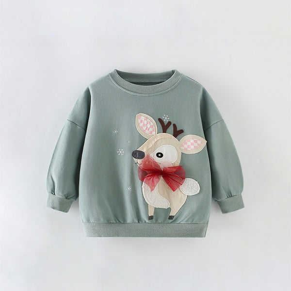 Girls Reindeer Red Bow Tie Sweatshirt - Holiday Pullover for Toddlers & Kids