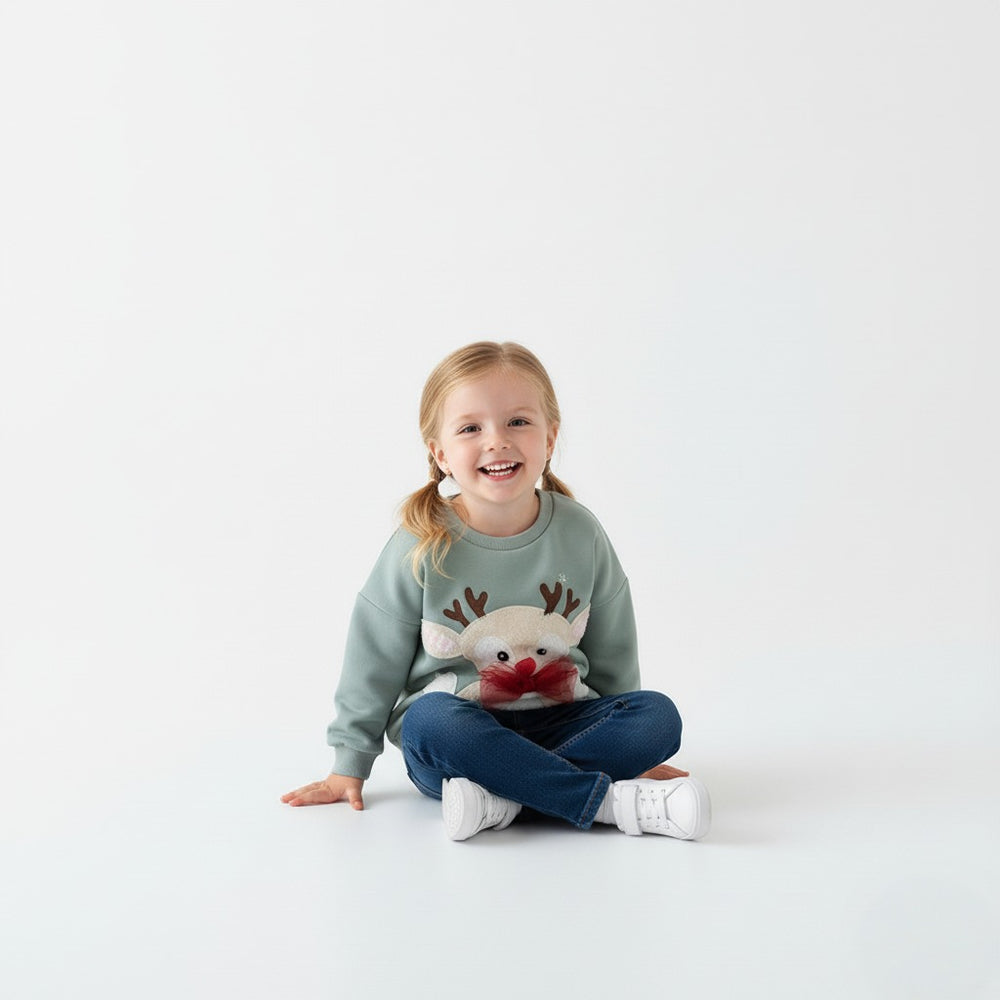 Girls Reindeer Red Bow Tie Sweatshirt - Holiday Pullover for Toddlers & Kids