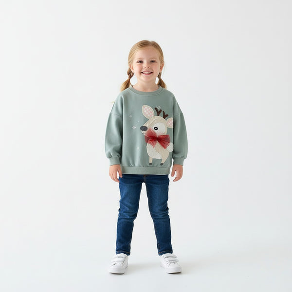 Girls Reindeer Red Bow Tie Sweatshirt - Holiday Pullover for Toddlers & Kids