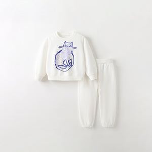 🐱 Toddler & Kids White Cat Print Sweatshirt and Pants Set (2T–7T)