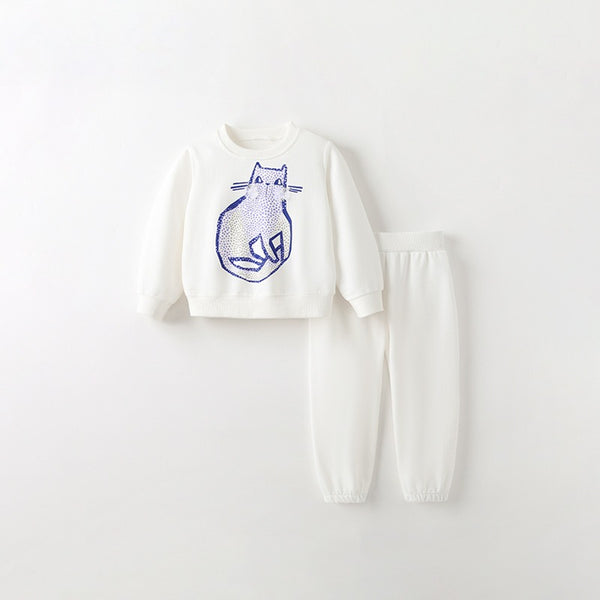🐱 Toddler & Kids White Cat Print Sweatshirt and Pants Set (2T–7T)