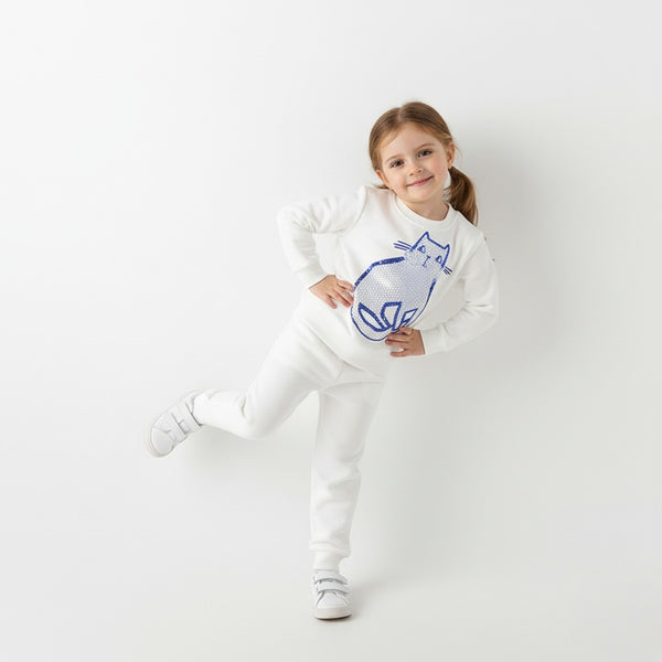 🐱 Toddler & Kids White Cat Print Sweatshirt and Pants Set (2T–7T)