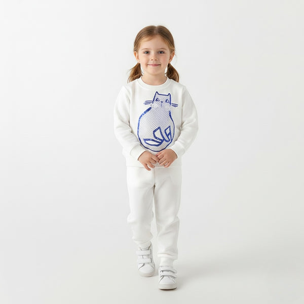 🐱 Toddler & Kids White Cat Print Sweatshirt and Pants Set (2T–7T)