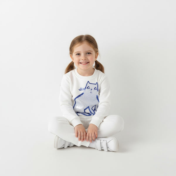 🐱 Toddler & Kids White Cat Print Sweatshirt and Pants Set (2T–7T)