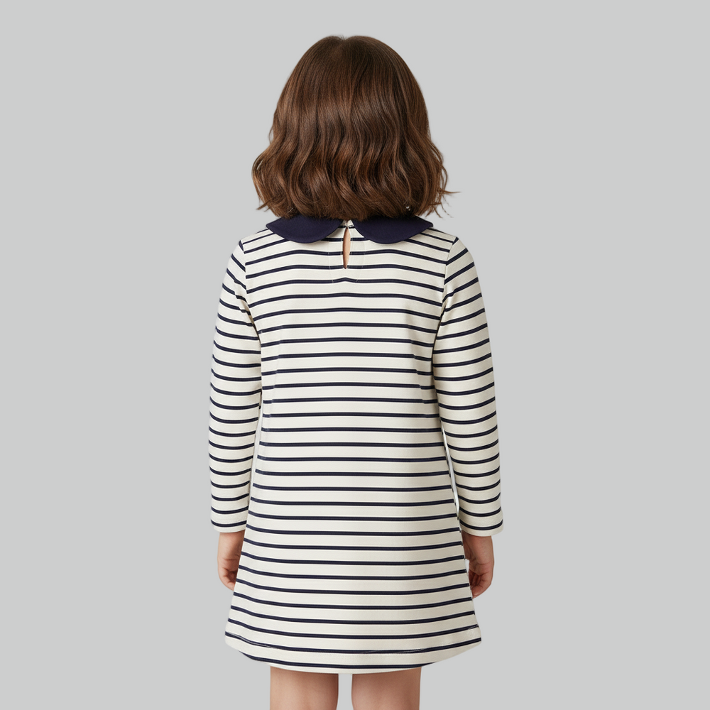 Girls Striped Long Sleeve Dress with Embroidered Hearts - Sizes 2T to 7T