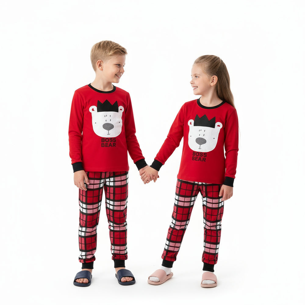 Red Plaid Boss Bear Christmas Pajama Set for Toddler and Kids Boys and Girls