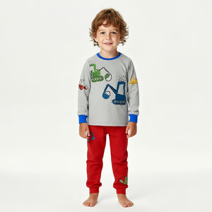 Toddler and Kids Boys Pajama Set - Grey Top Red Bottom Long Sleeve Two Piece